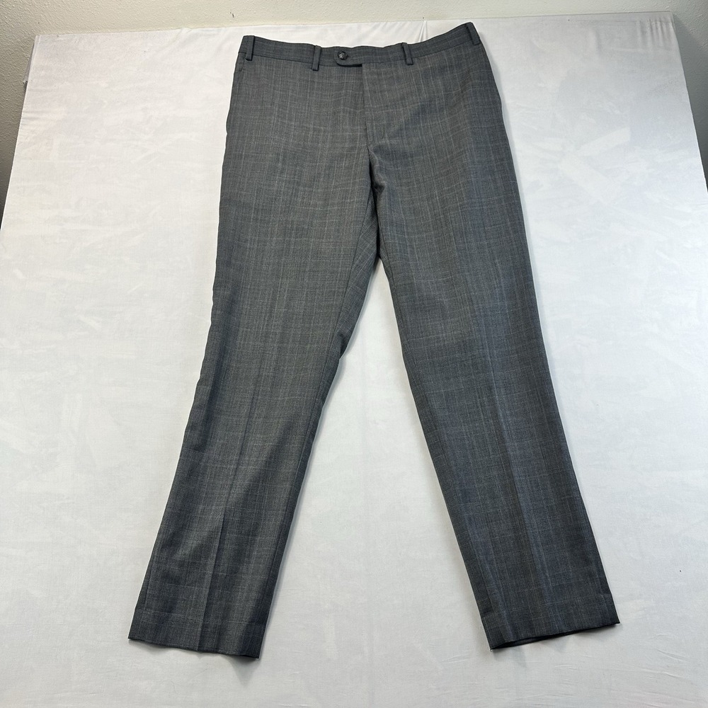 Indochino Men's Dress Pants Gray Plaid Flat Front Slim Fit 34x34 Wool